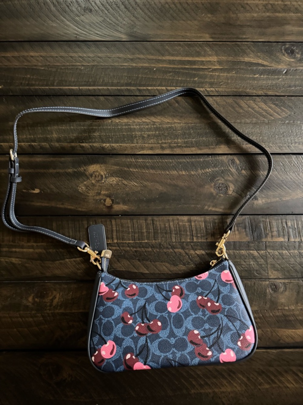 Coach Navy Cherry Print Mini Shoulder Bag with Pink Accents - Picture 2 of 5